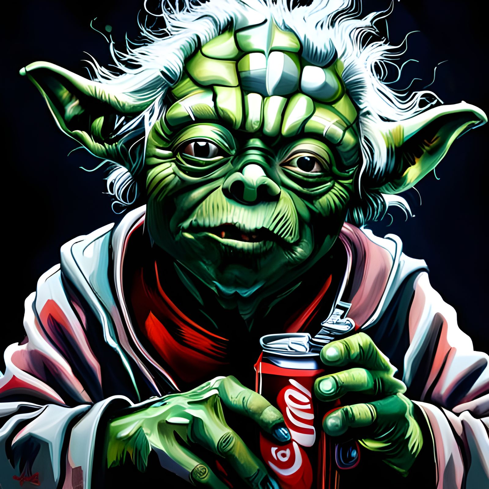 Yoda Sips Soda in Sparkling Black Environment