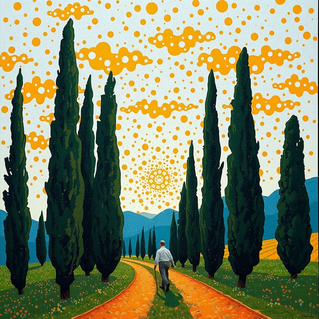 Pointillist Man Strolls Under Italian Cypresses