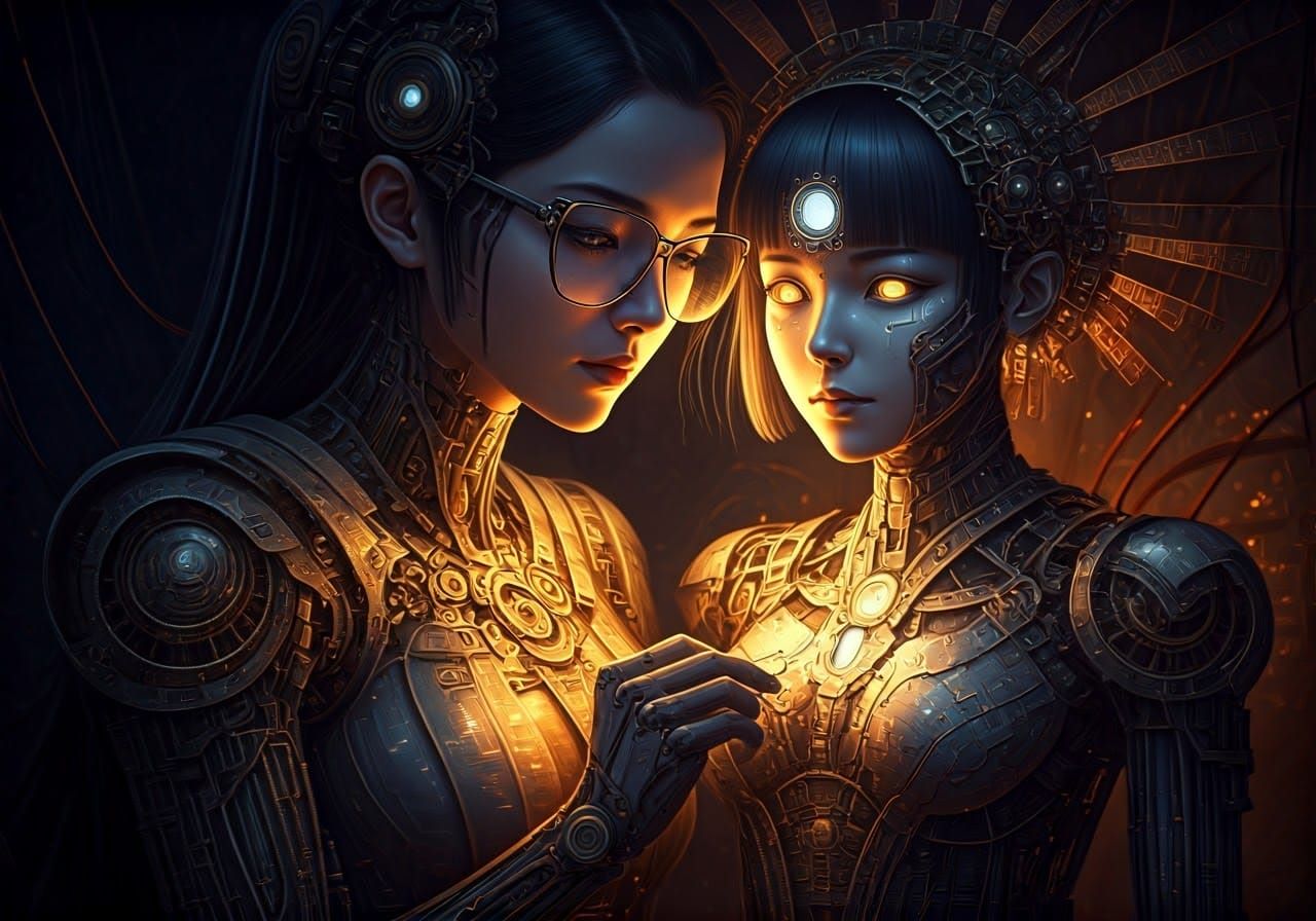 Cyberpunk Android Girl Awakens in Dimly Lit Laboratory