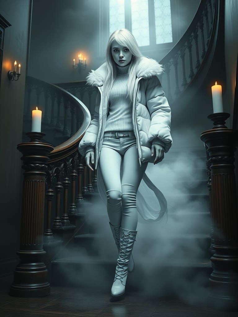 Ethereal Female Ghost Descends Victorian Mansion Stairs