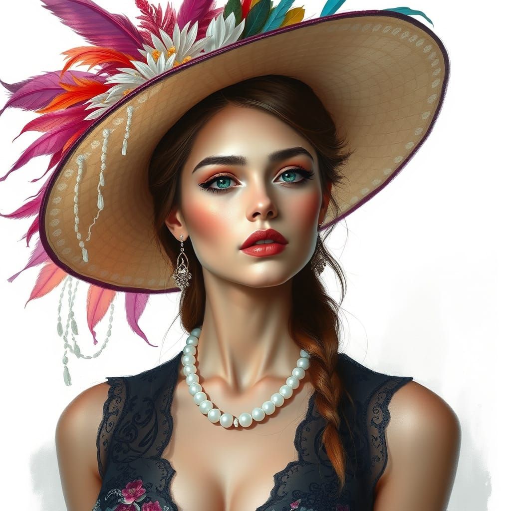 A beautiful woman wearing an elegant hat with feathers, in the style of Ashley Wood and Raymond Swanland, digital art pa...