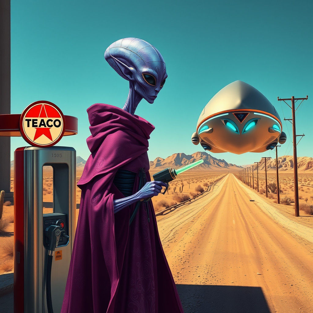 Regal Alien Refuels at Retro-Futuristic Gas Station in Vibra...