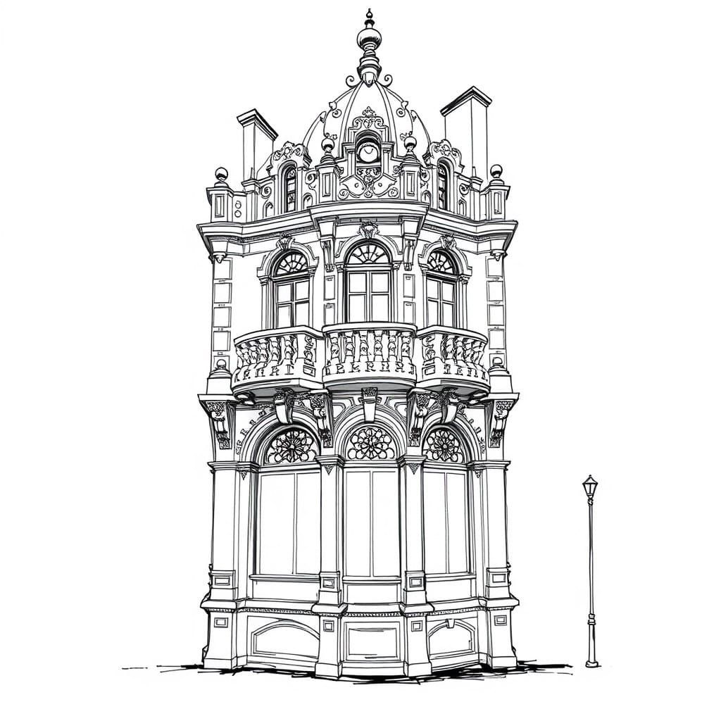 Intricate Art Nouveau Facade in Barcelona, Rendered in Black...