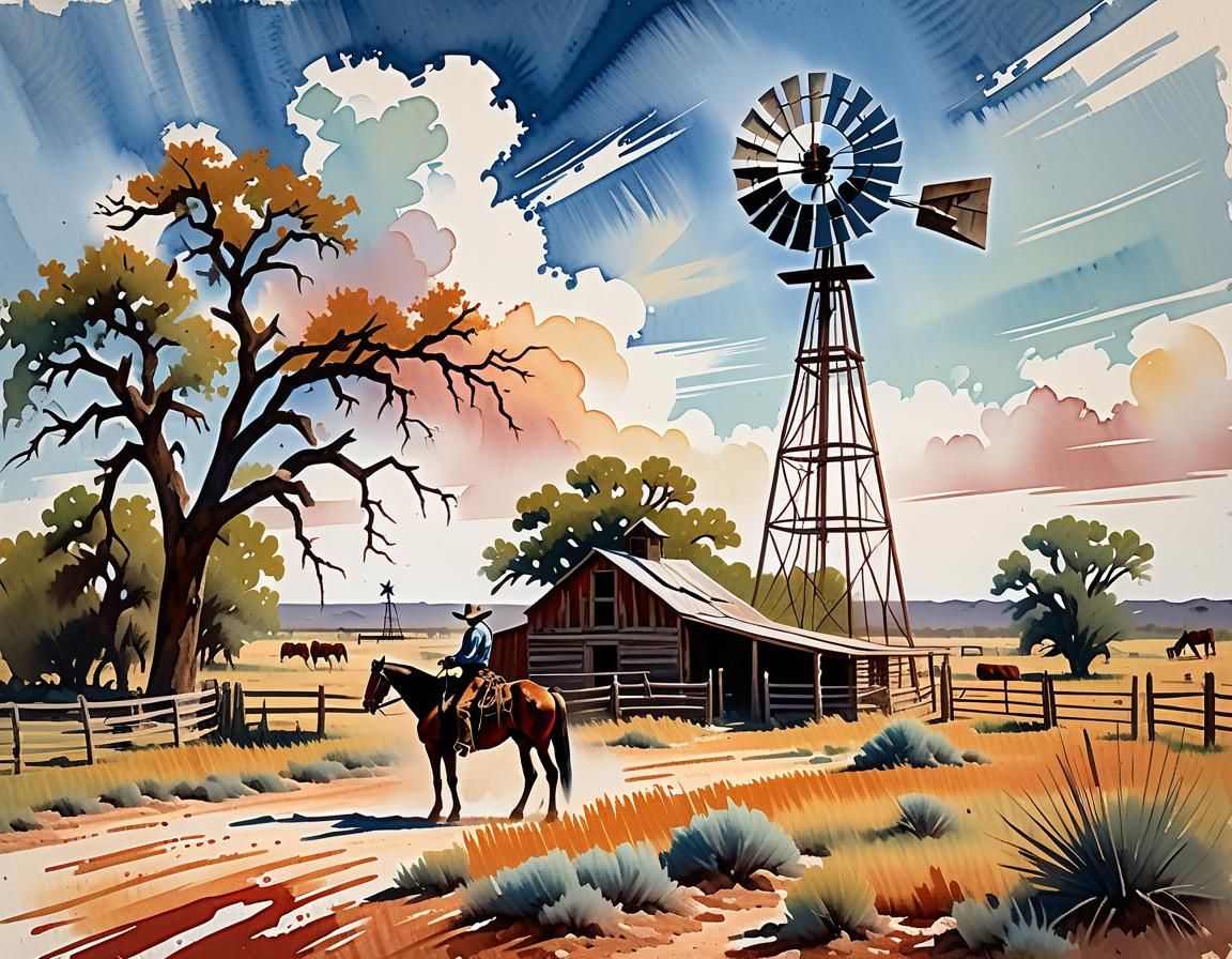 Texas Windmill Masterpiece in Gouache Style