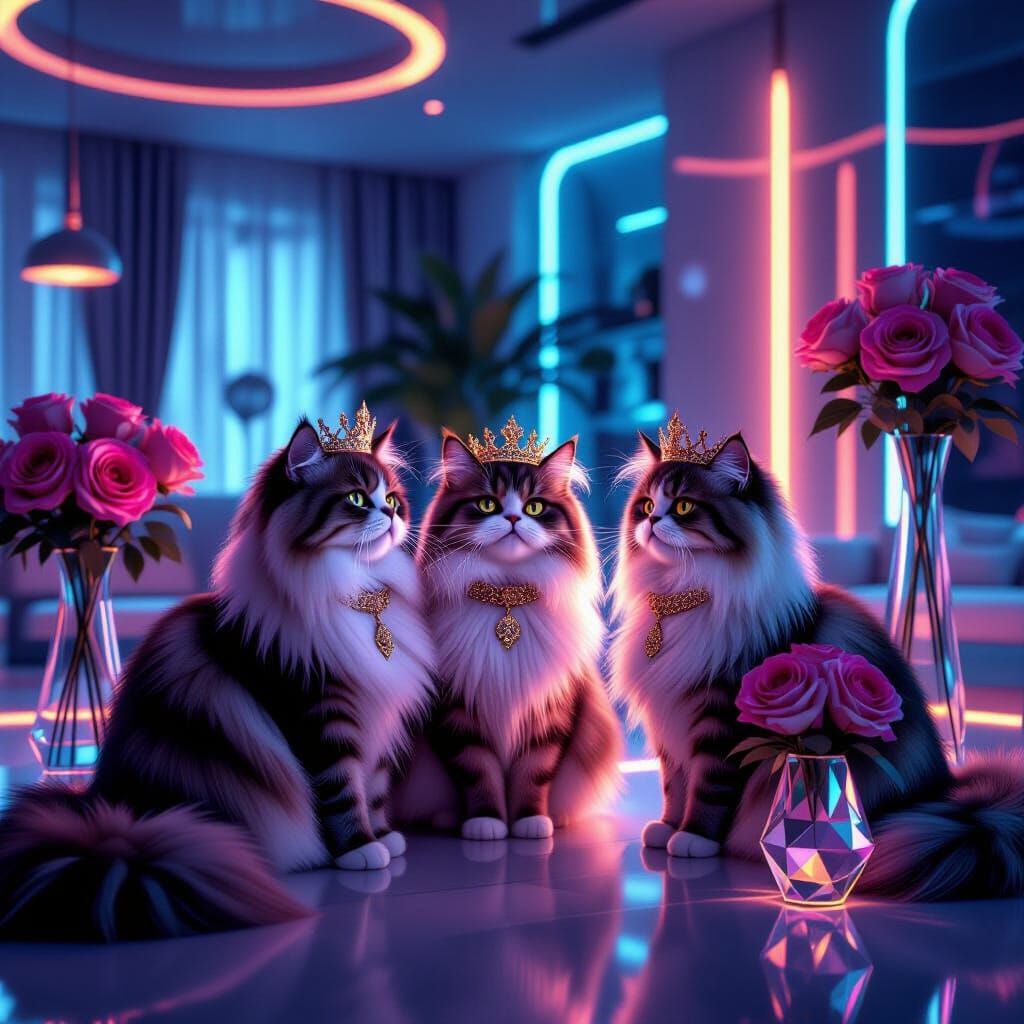 Regal Cats in Futuristic Apartment with Roses