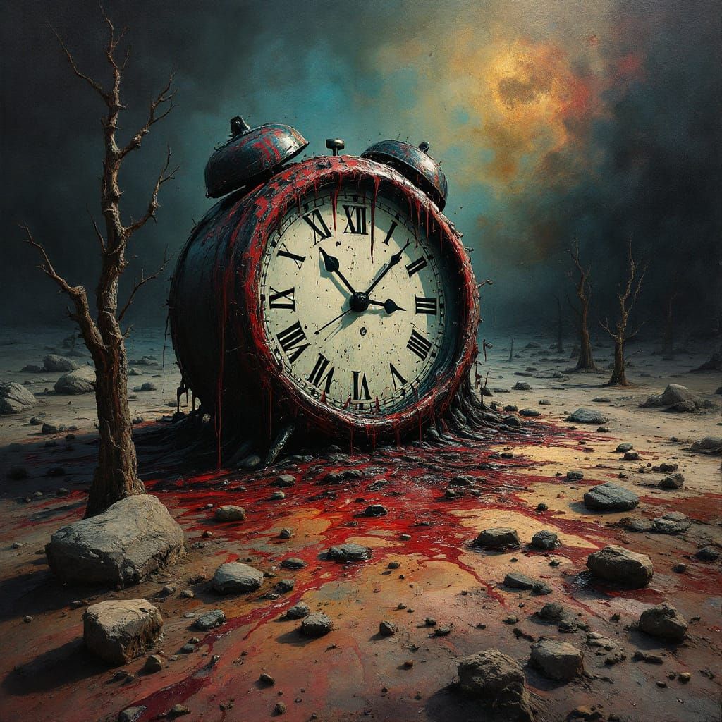 Melting Clock in Surreal Landscape, Beksiński Dalí Style