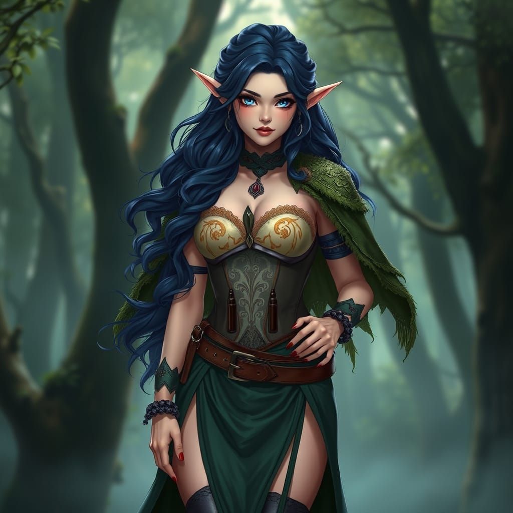 Blue-Haired Elf in Enchanting Forest, Anime Art