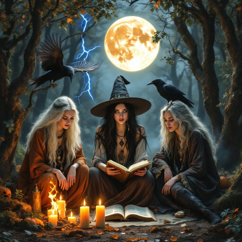 Witches Samhain Celebration With Raven and Full Moon