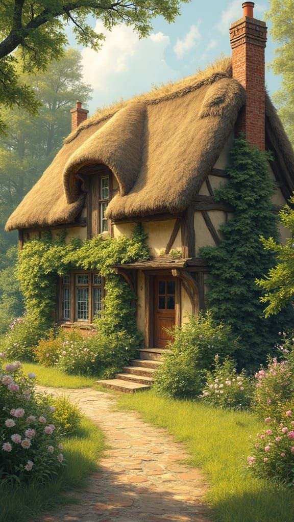 Quaint Thatched Cottage in Watercolor Style