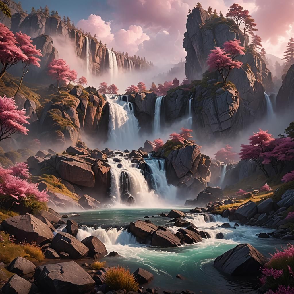 Dramatic Waterfall in Warm Morning Tones, Fantasy Concept Ar...
