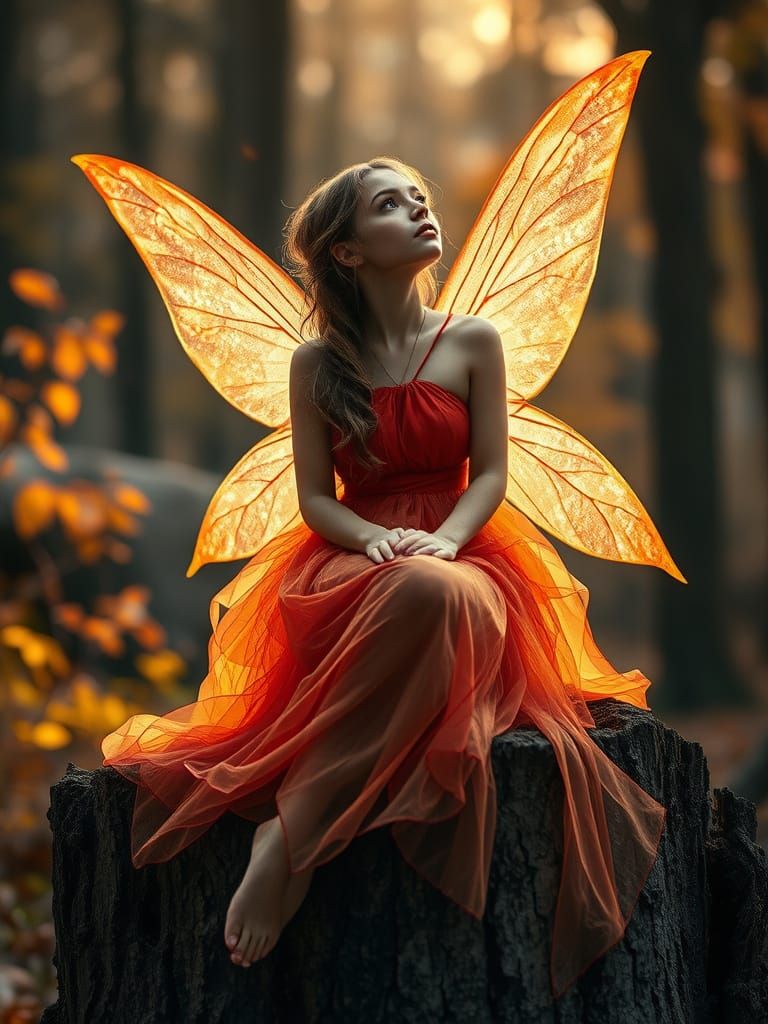 Delicate Fairy on Stump in Autumn Forest