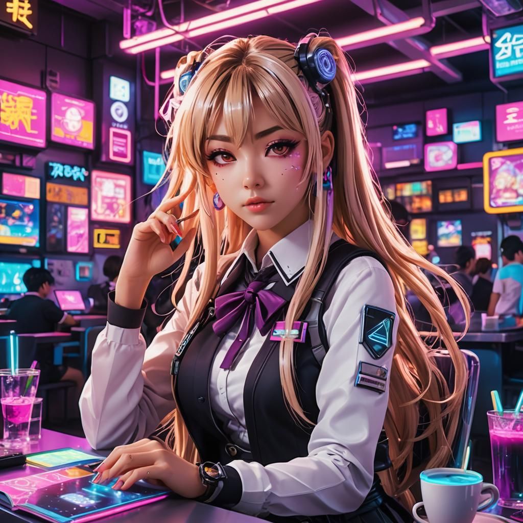 Gyaru Girl in Cyberpunk Cafe, Anime-Inspired Portrait
