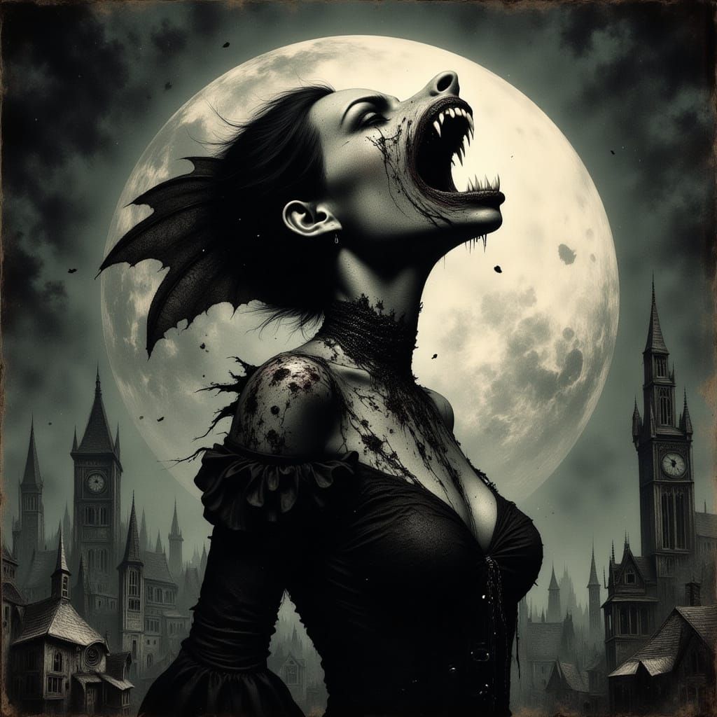 Gothic Woman Transforms into Werewolf Under Sinister Full Mo...
