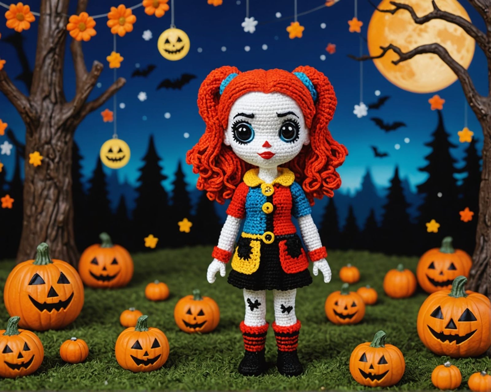 Vibrant Halloween Scene in Imperial Crochet Style