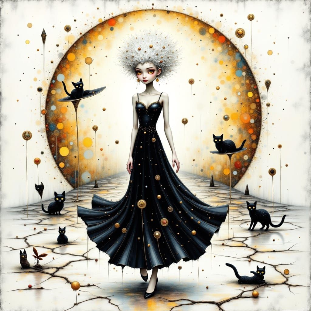 Woman in Iridescent Dreamscape with Whimsical Cats