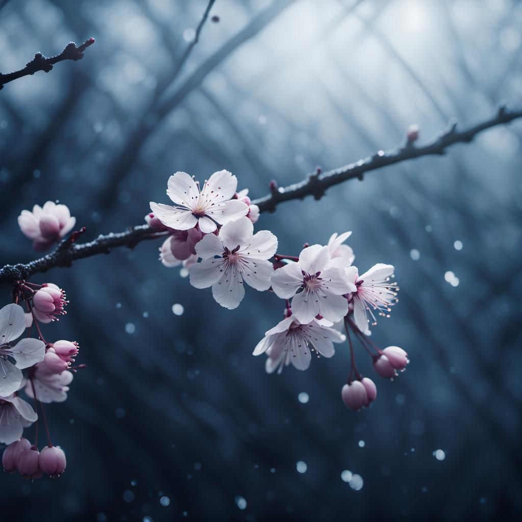 Somber Hyperrealistic Cherry Blossom Scene