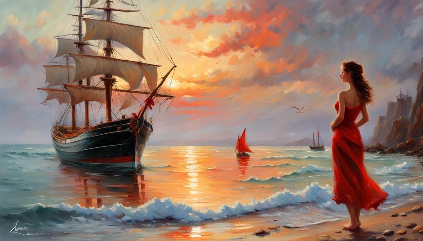 Woman Contemplates a Scarlet Sailed Ship at Sunset