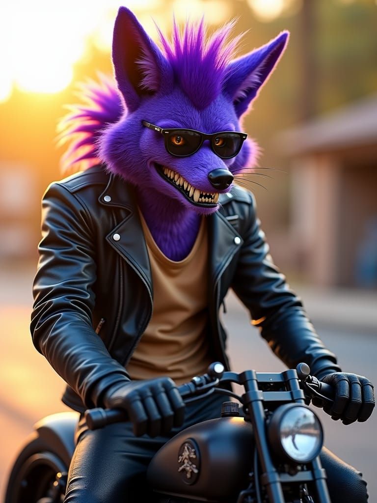 Purple Coyote Demons Riding Motorcycle in Haunting Surrealis...