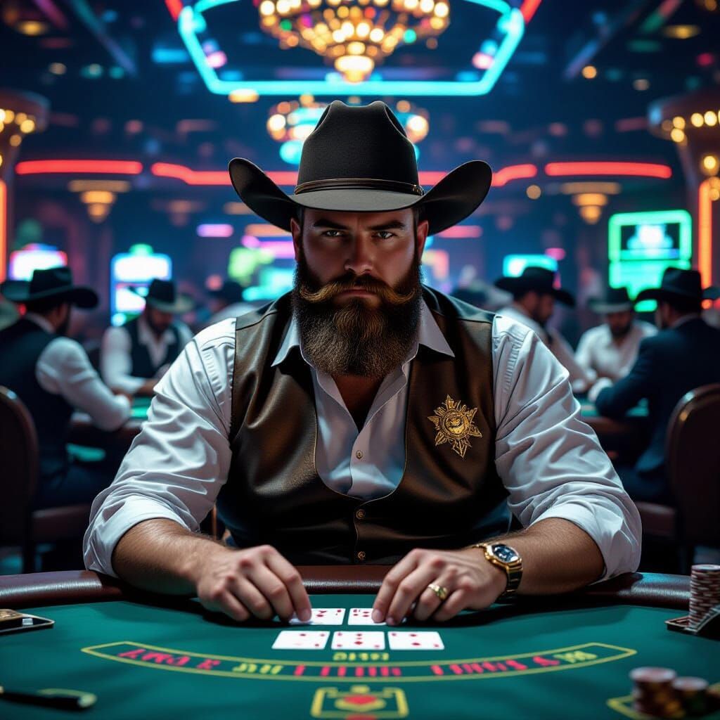 Psychedelic Cowboy Blackjack Dealer in Futuristic Saloon