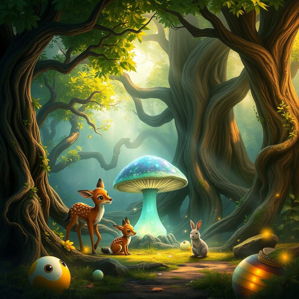 Whimsical Forest Creatures Gather Around a Glowing Mushroom
