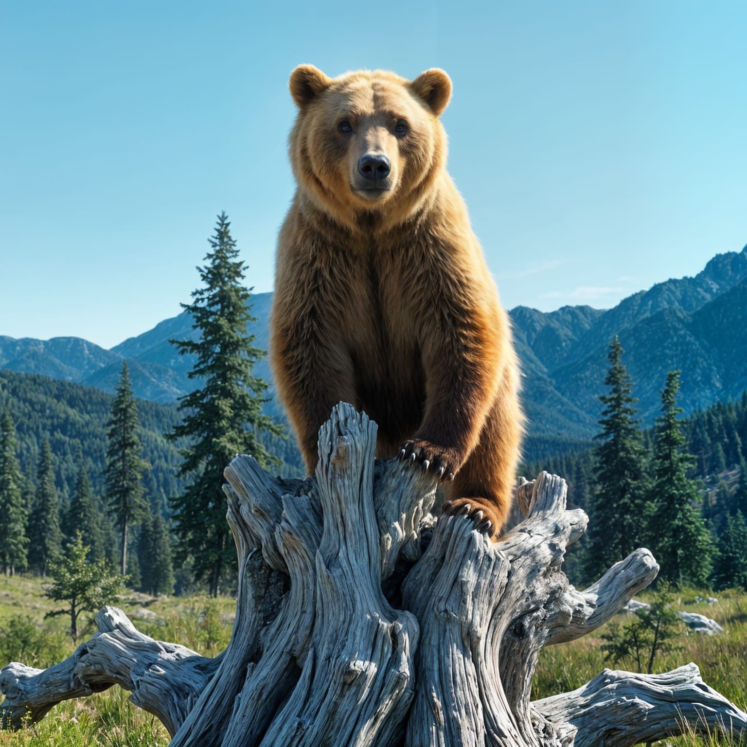 Majestic Light Brown Bear on Weathered Tree Trunk in Serene ...