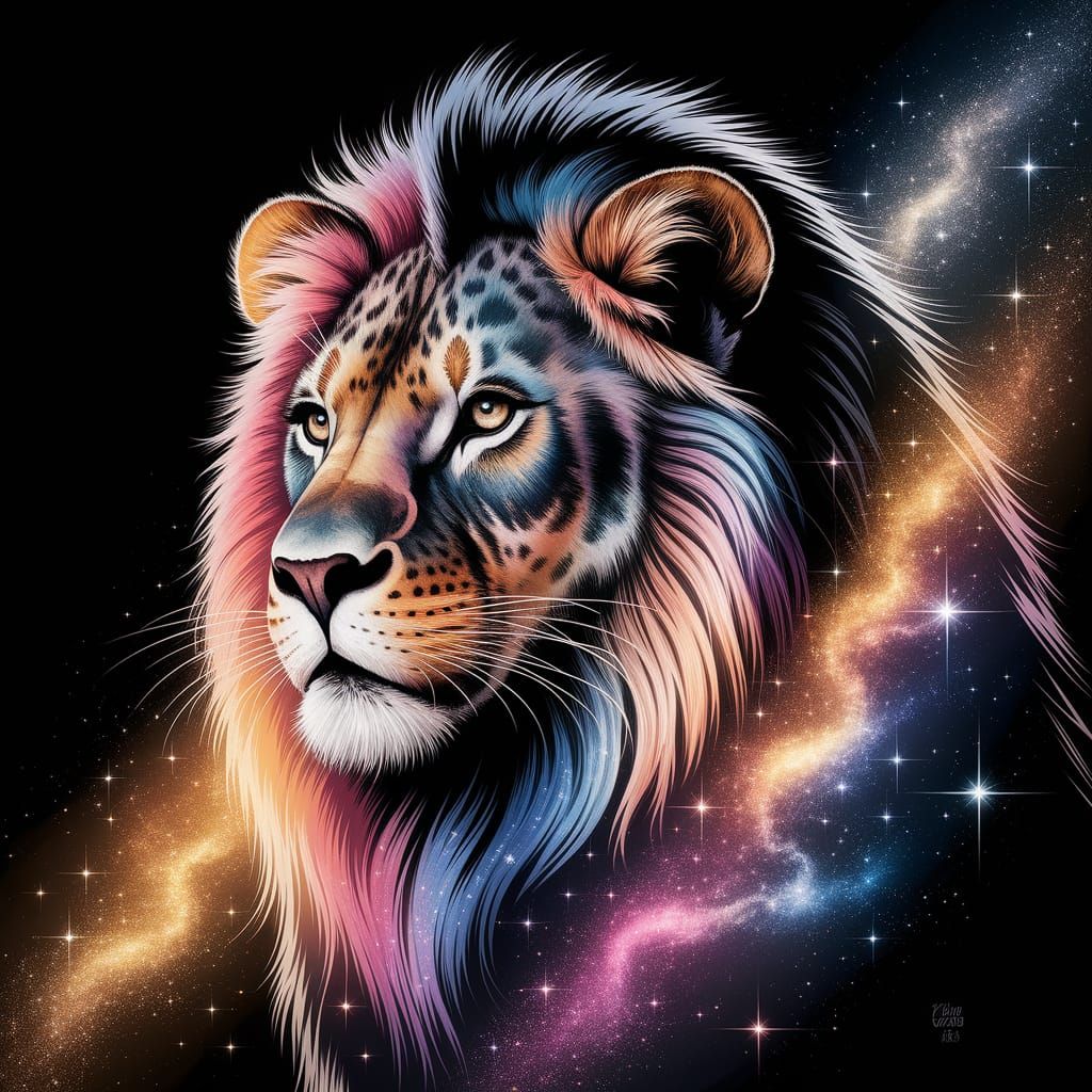Ethereal Lion of the Cosmos in Vibrant Watercolor