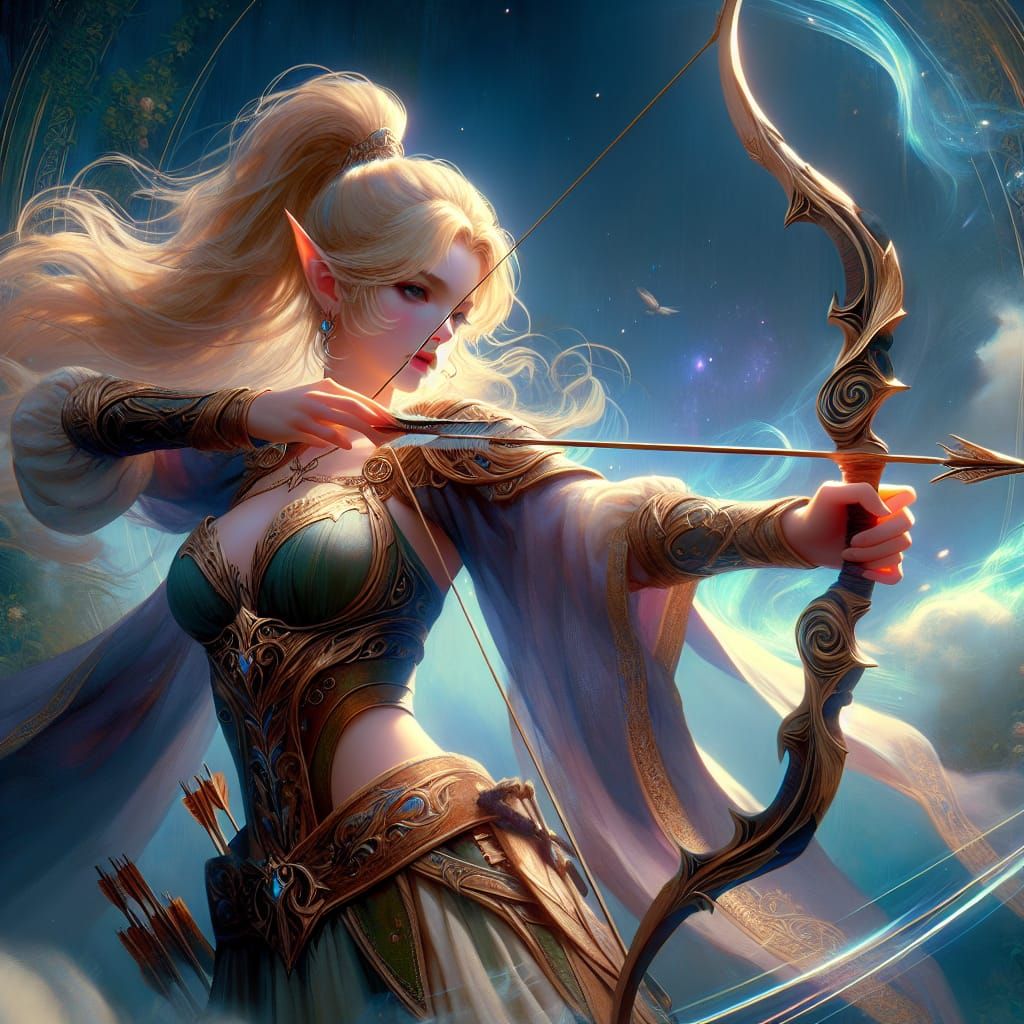 Regal High Elf Maiden Praises the Moon with Elegant Bow