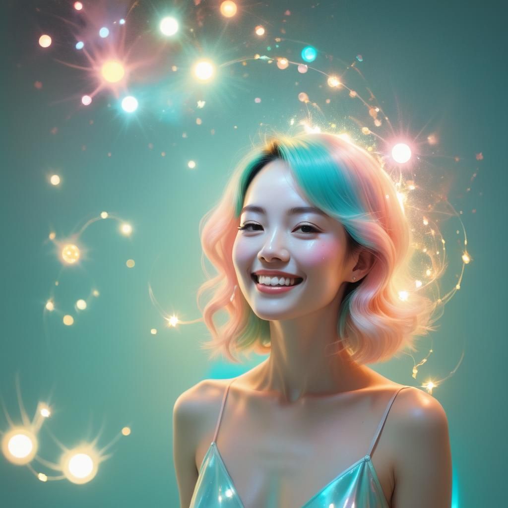 A Smiling Woman Surrounded by Sparkling Pastel Hues