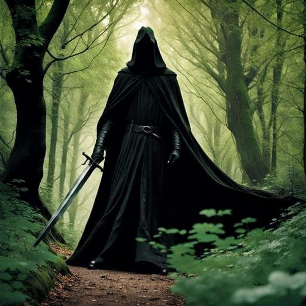 Medieval Dark Lord Blocks Forest Trail in Frank Frazetta Sty...