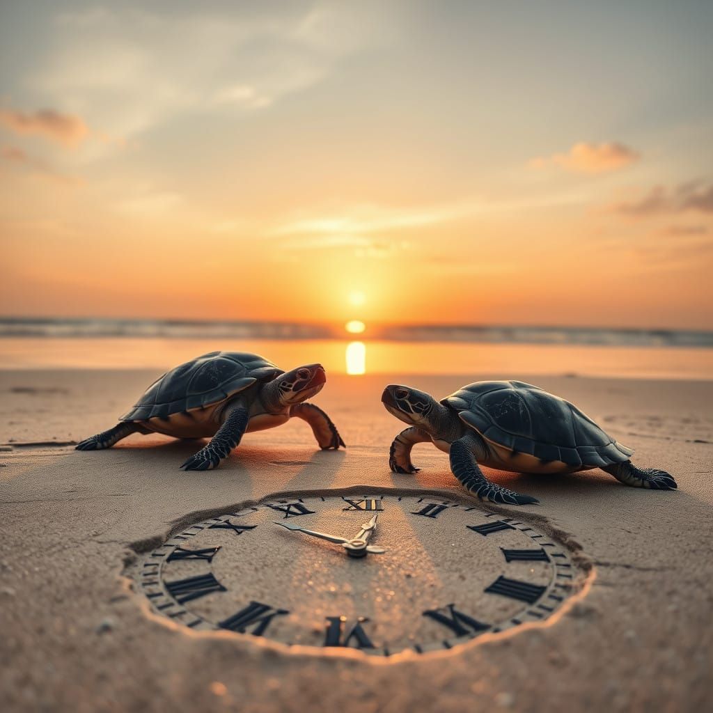 Turtles Admire a Grand Beach Clock Amidst a Vibrant Sunset