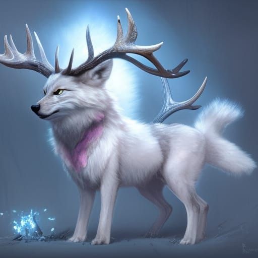 Whimsical Angelic Wolf with Vibrant Flowered Antlers
