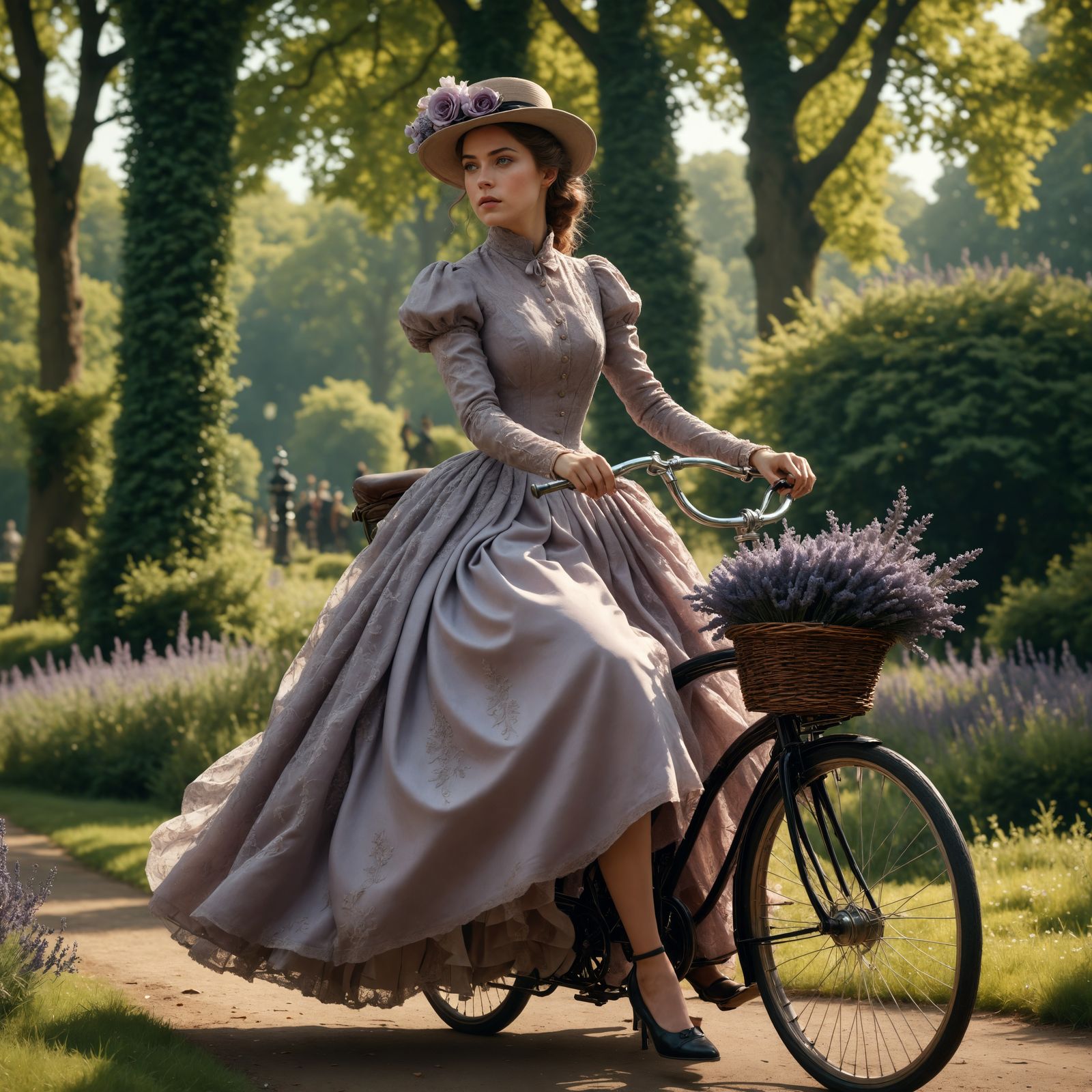 Victorian Woman Rides Bicycle in Park