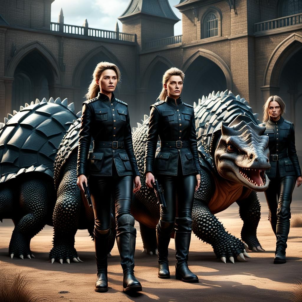 Cyberpunk Fantasy Prison Guards Escort Dinosaur into Futuris...