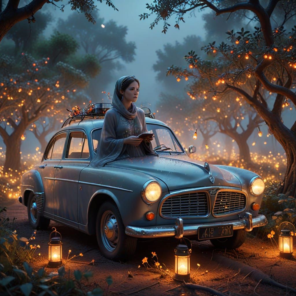 Woman in Pomegranate Grove with Vintage Volvo