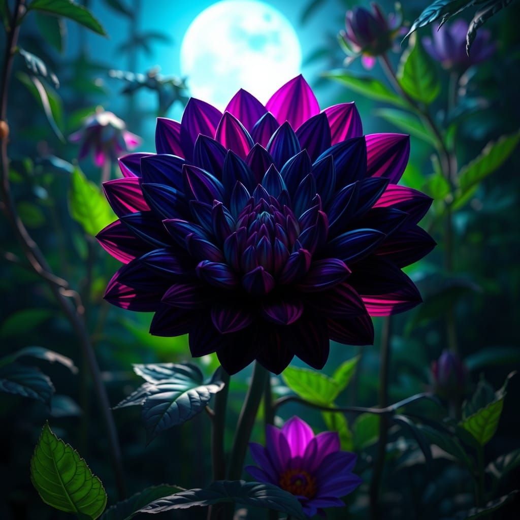 Midnight Dahlia Bloom in Mystical, Moonlit Environment