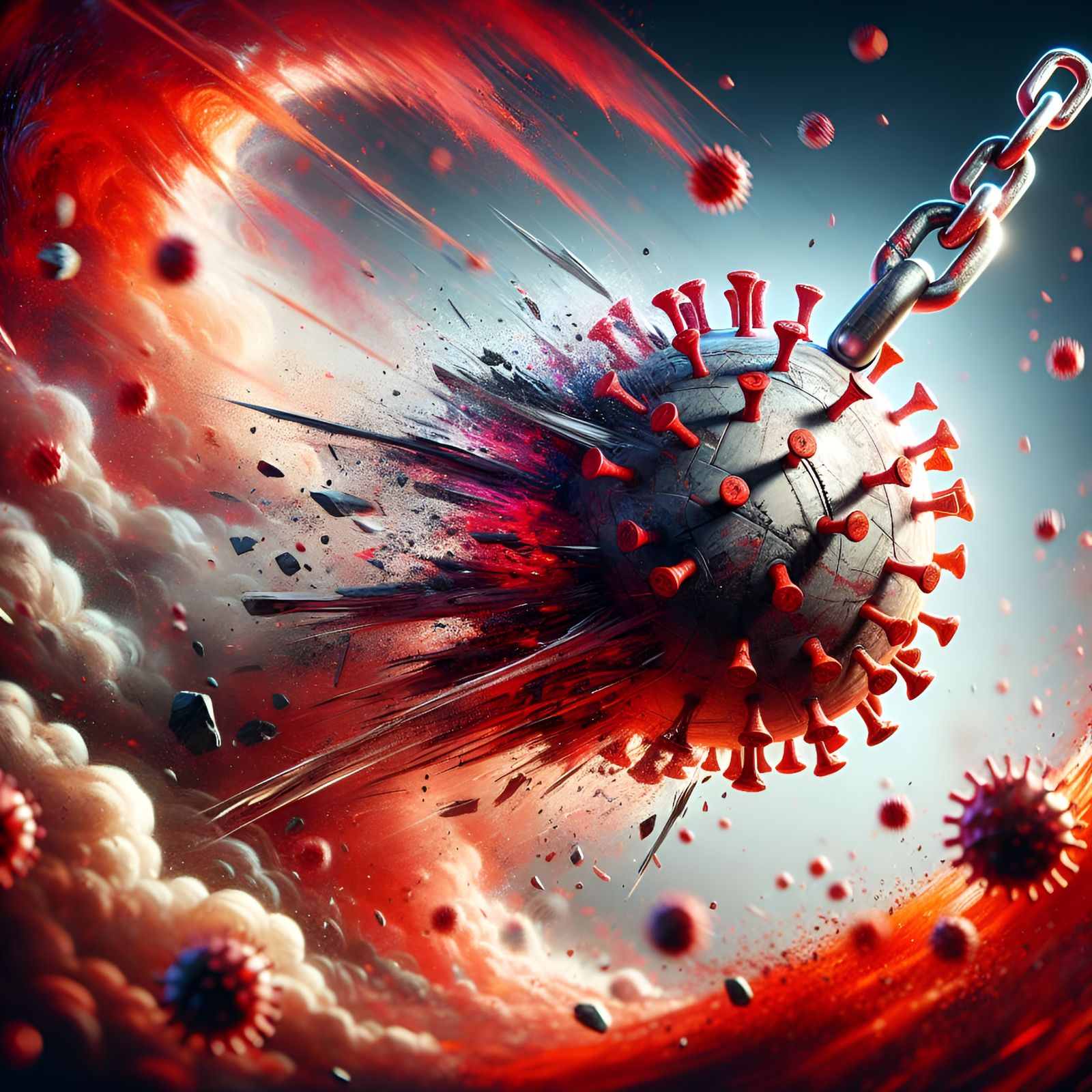 Virus Smashed by Hyperrealistic Wrecking Ball in Vibrant Red...