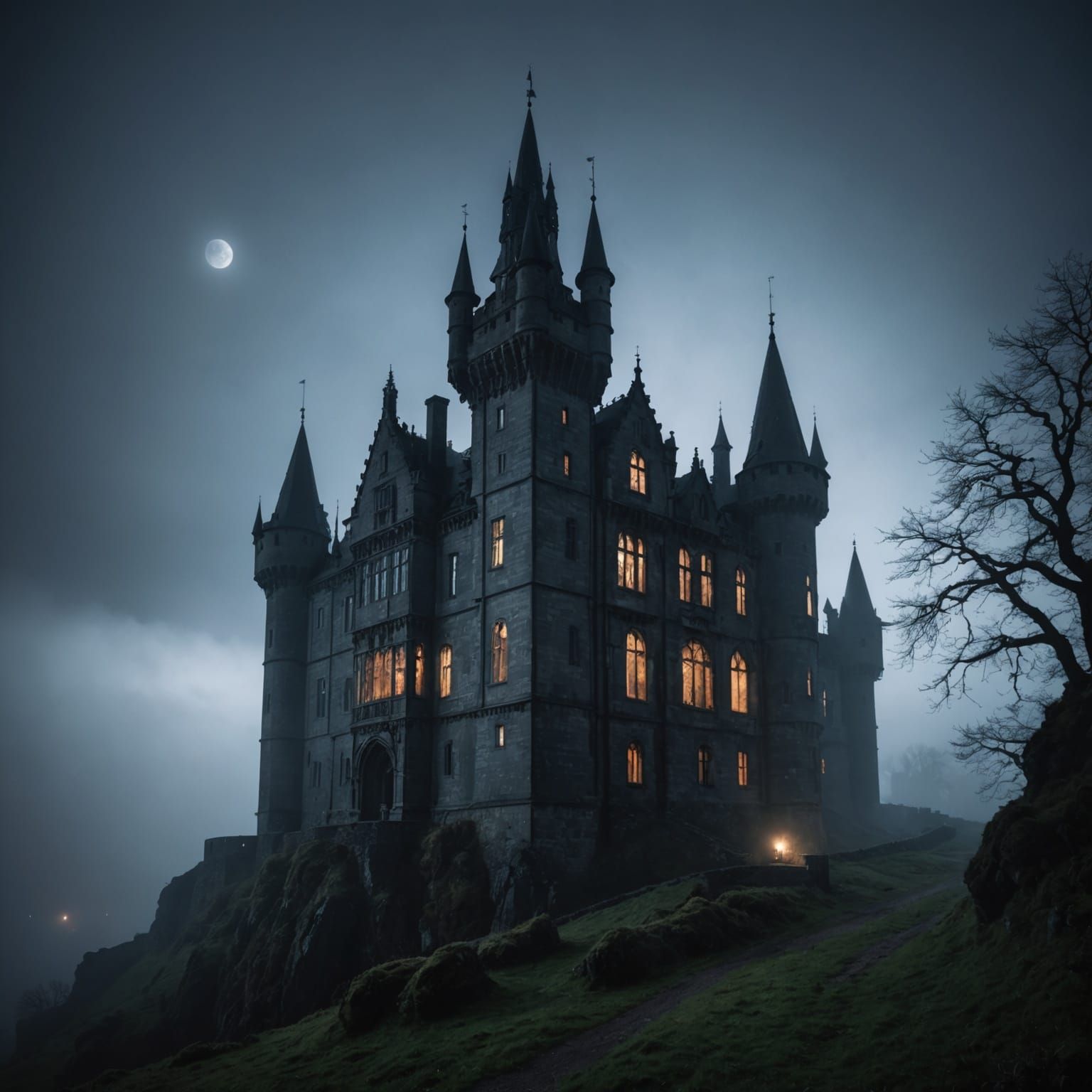 Mystical Gothic Castle in the Fog at Night