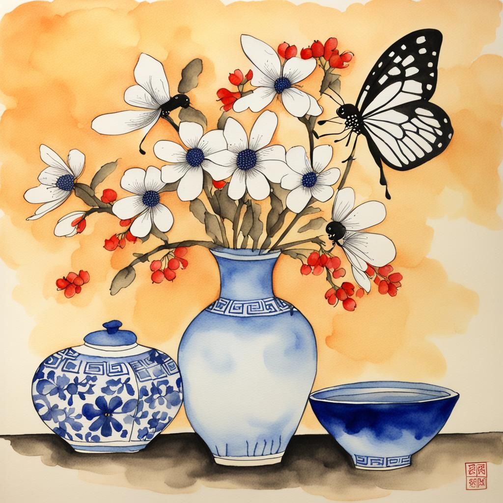 Traditional Korean and Chinese Still Life in Oriental Waterc...