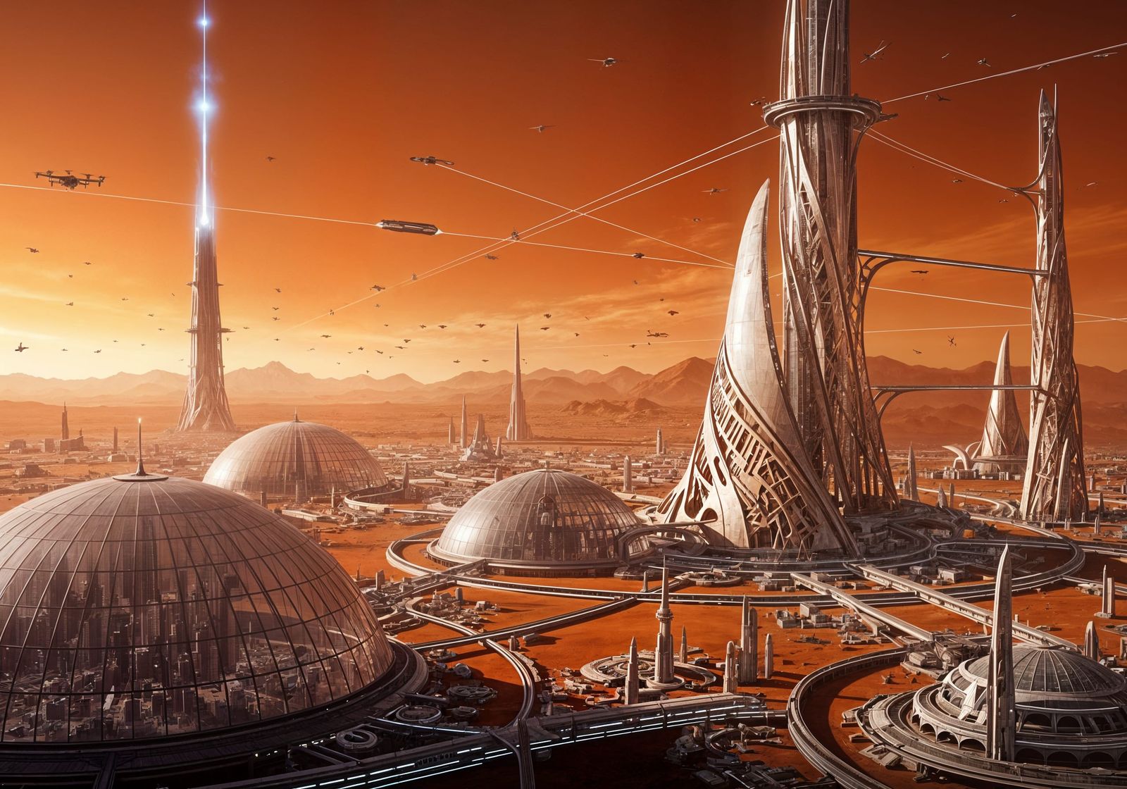 Martian Metropolis With Glass Domes and Magnetic Trains