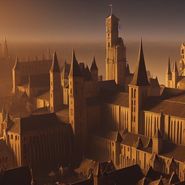 Vibrant Medieval Metropolis with Towering Spire in Cyberpunk...