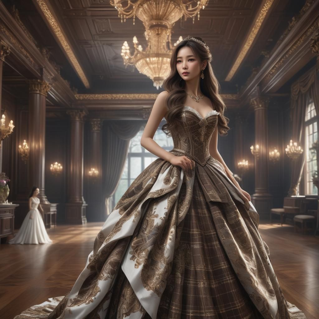 Asian Girl in Elegant Dark Wood Ballroom