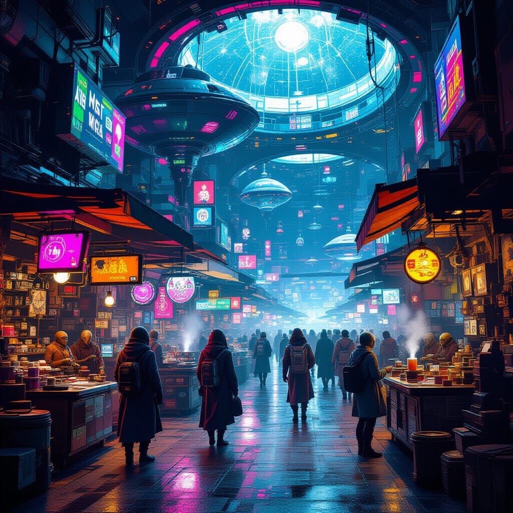 Chaotic Alien Marketplace on Neon Space Station