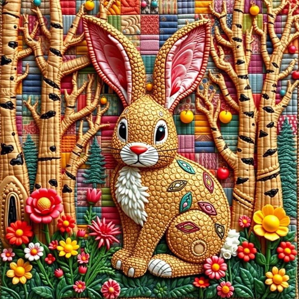 Whimsical Bunny in Quirky, Textured Art
