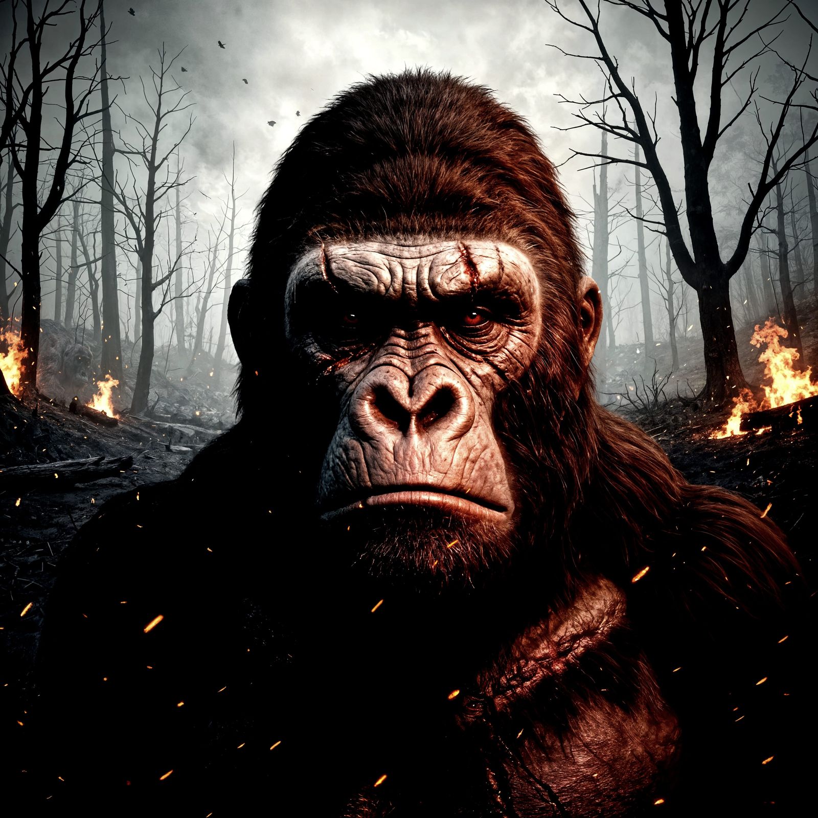 Battle-Scarred Gorilla Portrait in Gloomy Wasteland