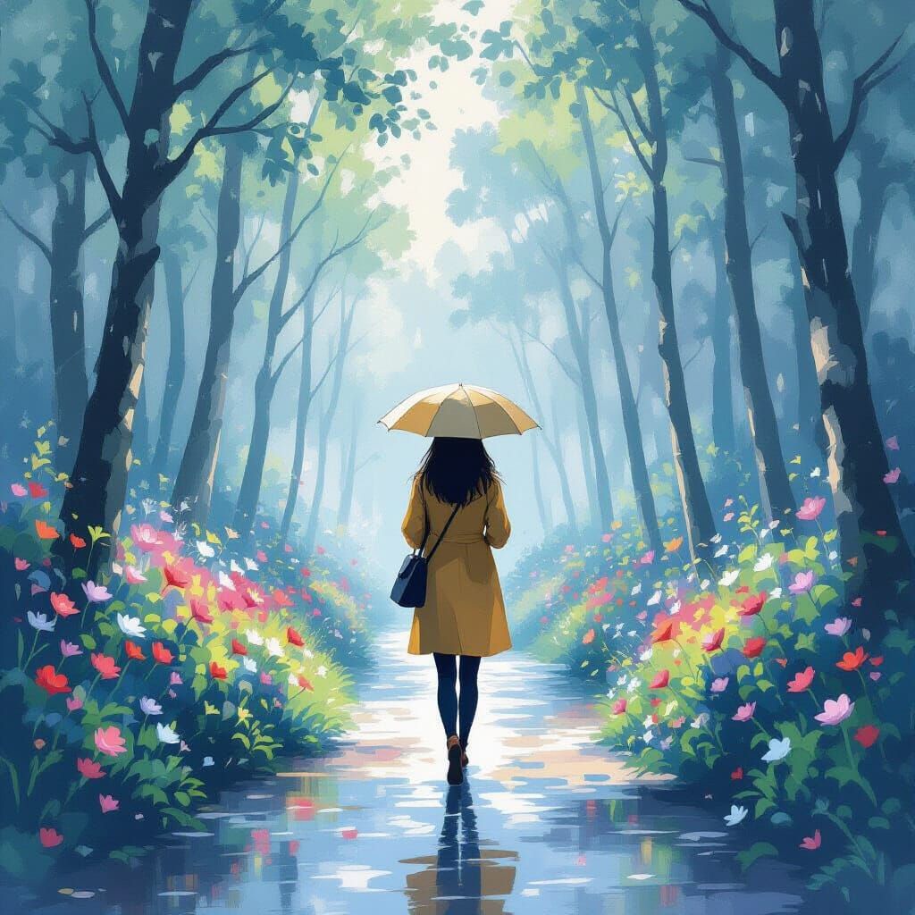 Woman in Misty Forest, Impressionist Painting Style