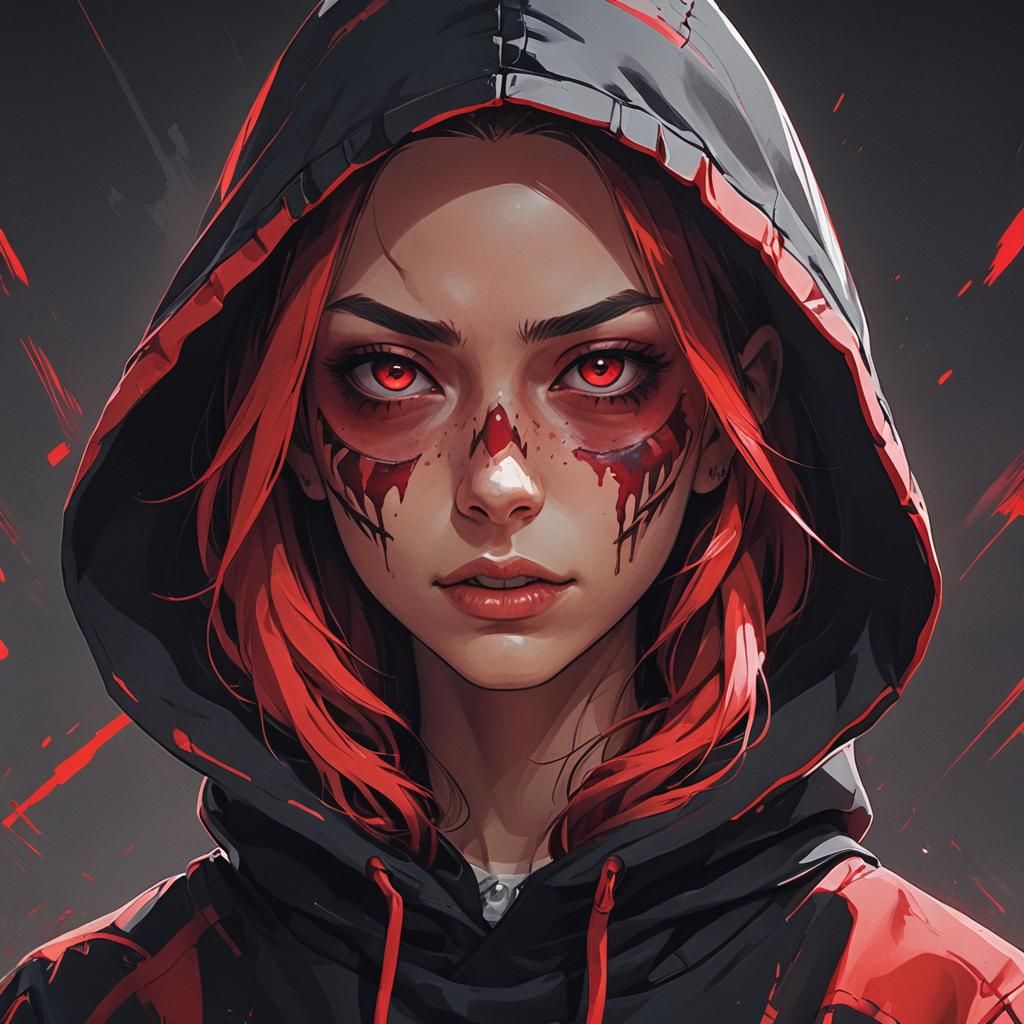 Anime Portrait of Teenage Girl in Red Skull Hoodie