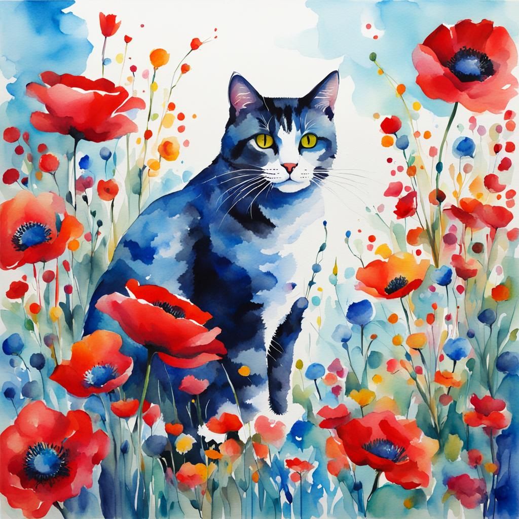 Vibrant Whimsical Cat Amidst Bright Blue and Red Flowers in....