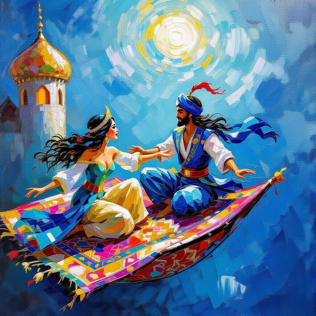 Aladdin and Scheherazade Flying Carpet Oil Painting