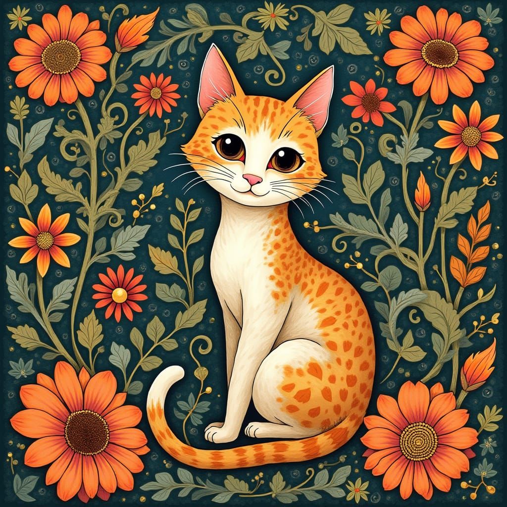Whimsical Art Nouveau Feline Amidst Floral Patterns