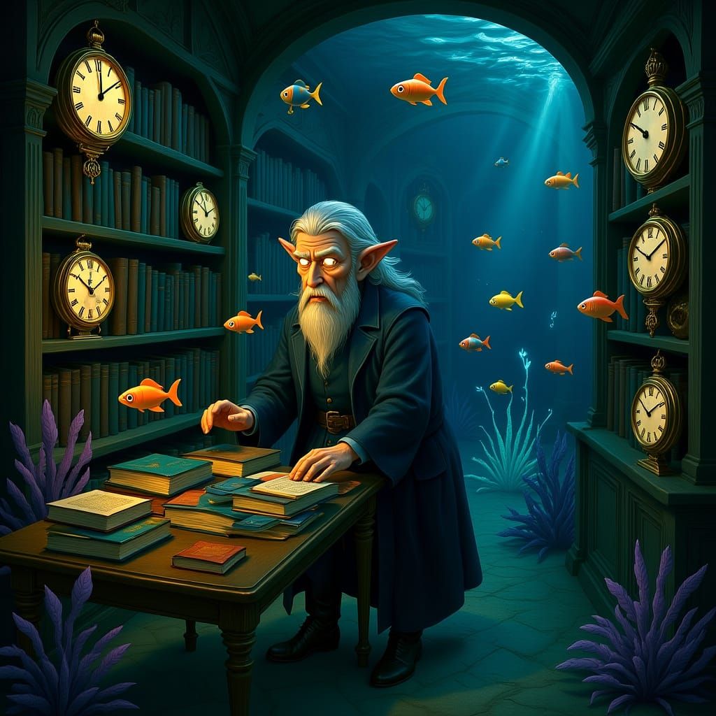 Elven Librarian in Underwater Art Nouveau Library